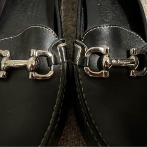 Salvatore Ferragamo Black Leather Women’s Loafers with Silver Accents